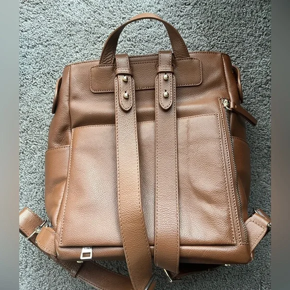 Mina Baie Leather Mini Kinney Diaper Backpack Dark Tan - Picture 2 of 7